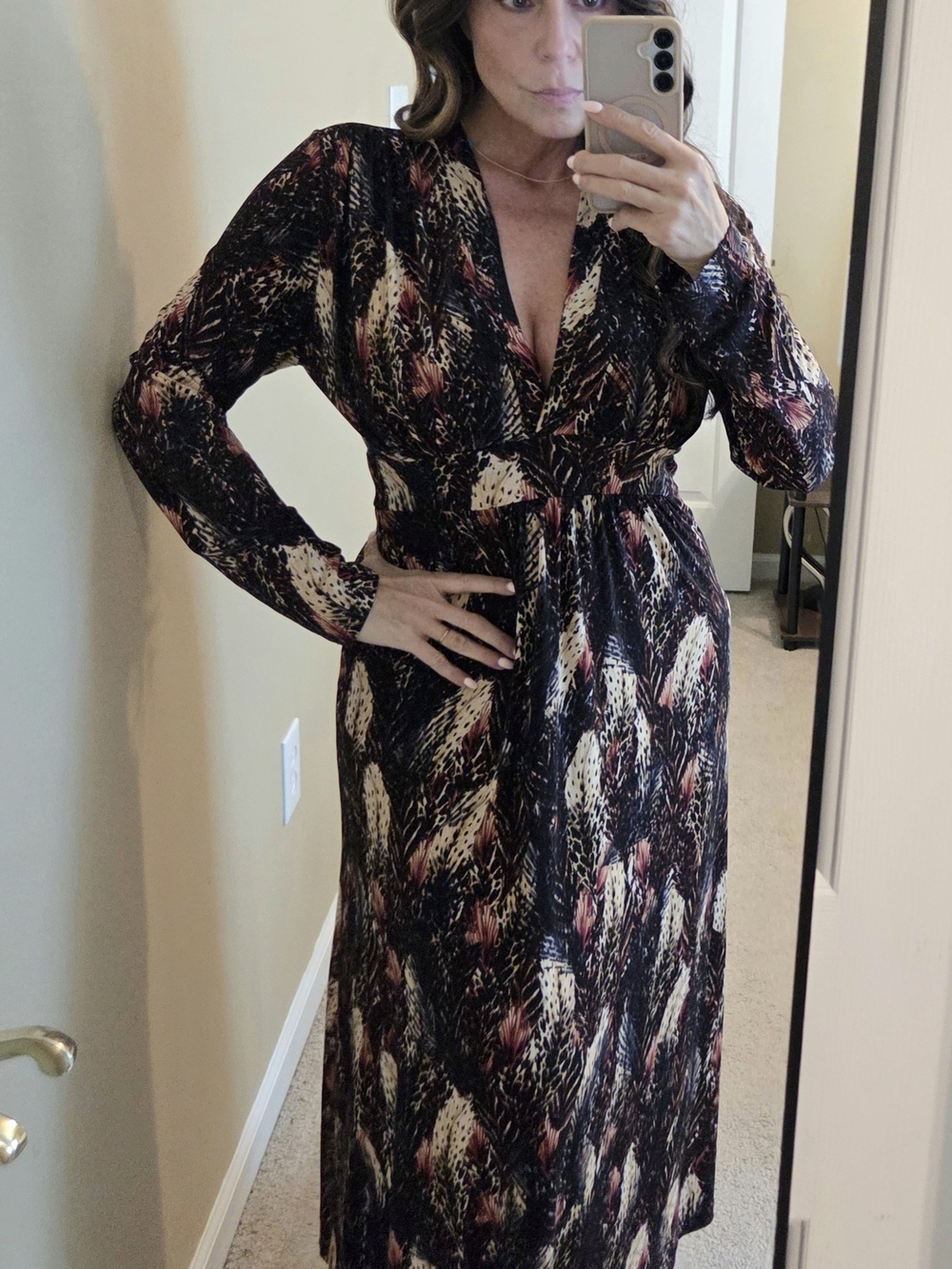 Veronica M Black Maxi Dress with Cream and Pink Abstract Print